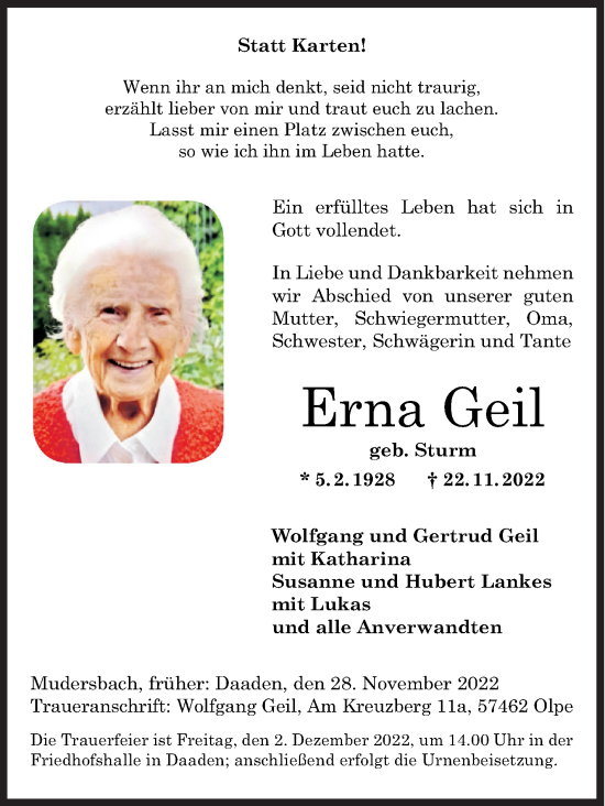 Traueranzeige von Erna Geil von Siegener Zeitung