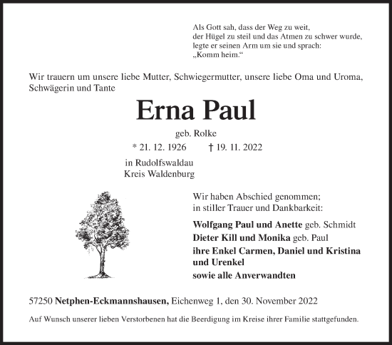 Traueranzeige von Erna Paul von Siegener Zeitung