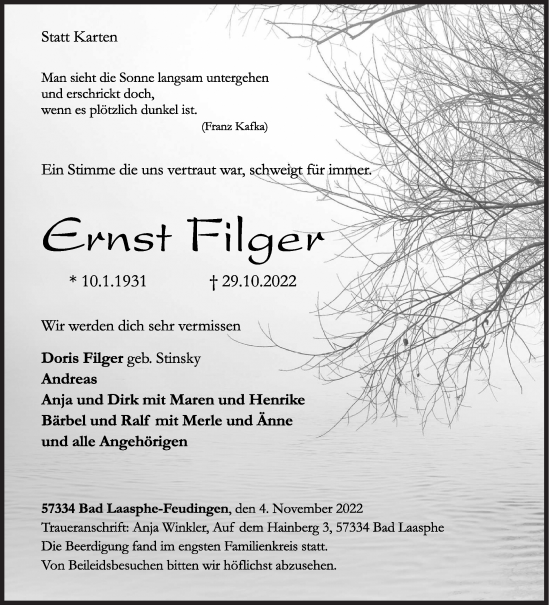 Traueranzeige von Ernst Filger von Siegener Zeitung