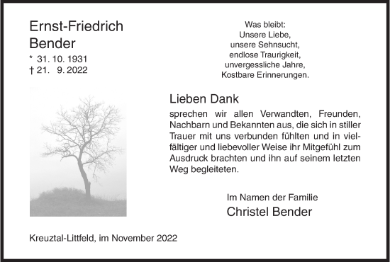 Traueranzeige von Ernst-Friedrich Bender von Siegener Zeitung