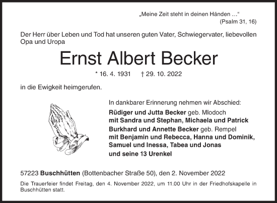 Traueranzeige von Ernst Albert Becker von Siegener Zeitung