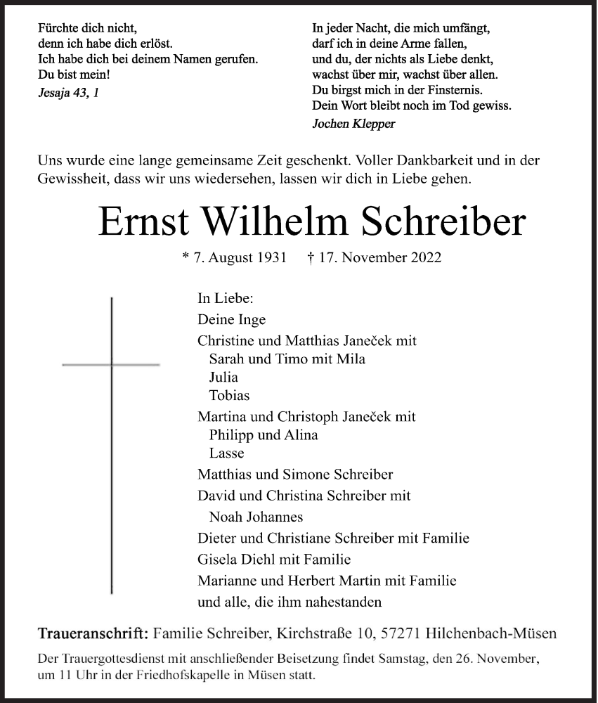  Traueranzeige für Ernst Wilhelm Schreiber vom 22.11.2022 aus Siegener Zeitung