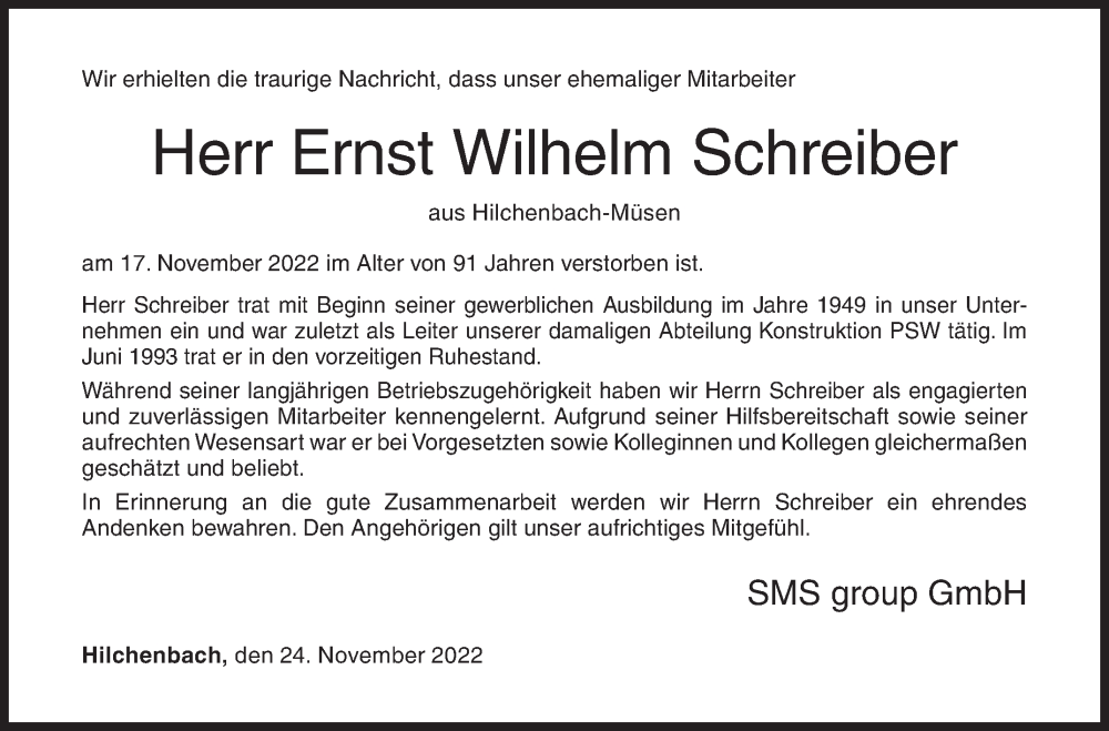  Traueranzeige für Ernst Wilhelm Schreiber vom 24.11.2022 aus Siegener Zeitung
