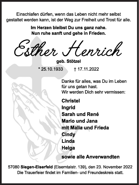 Traueranzeige von Esther Henrich von Siegener Zeitung