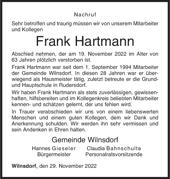 Traueranzeige von Frank Hartmann von Siegener Zeitung