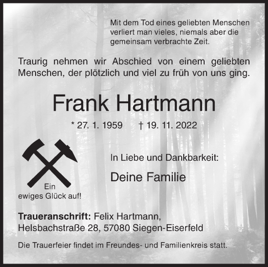 Traueranzeige von Frank Hartmann von Siegener Zeitung