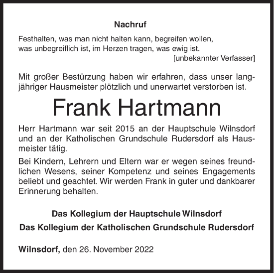Traueranzeige von Frank Hartmann von Siegener Zeitung