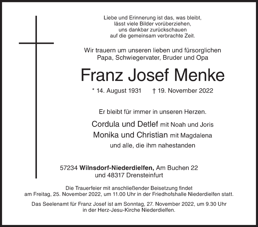  Traueranzeige für Franz Josef Menke vom 22.11.2022 aus Siegener Zeitung