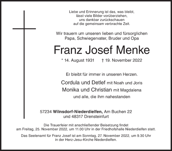 Traueranzeige von Franz Josef Menke von Siegener Zeitung