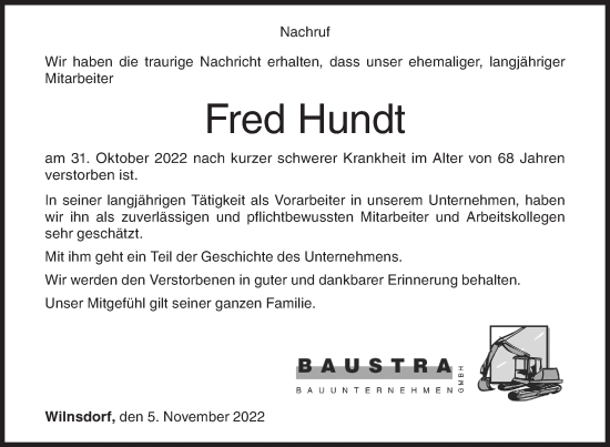 Traueranzeige von Fred Hundt von Siegener Zeitung