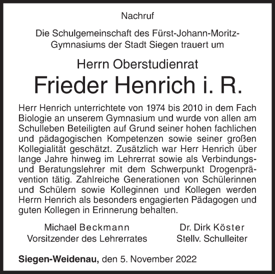 Traueranzeige von Frieder Henrich von Siegener Zeitung