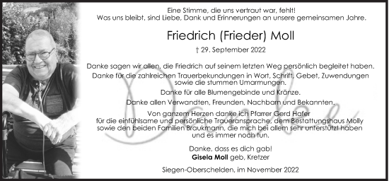 Traueranzeige von Friedrich Moll von Siegener Zeitung