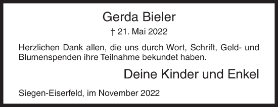 Traueranzeige von Gerda Bieler von Siegener Zeitung