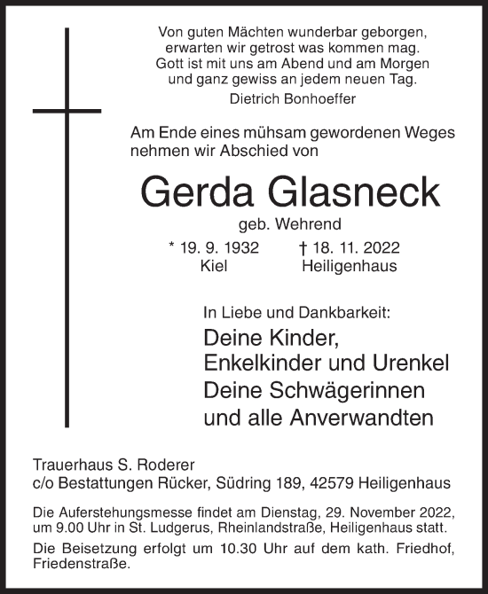 Traueranzeige von Gerda Glasneck von Siegener Zeitung