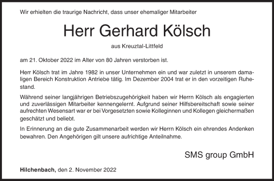 Traueranzeige von Gerhard Kölsch von Siegener Zeitung