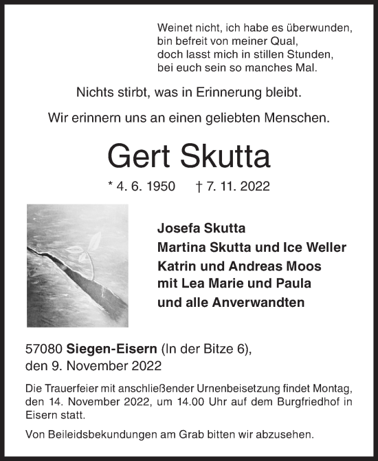 Traueranzeige von Gert Skutta von Siegener Zeitung