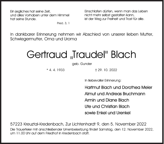 Traueranzeige von Gertraud Blach von Siegener Zeitung