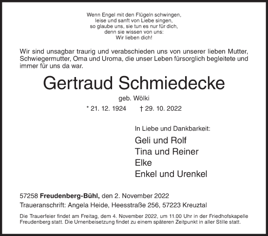 Traueranzeige von Gertraud Schmiedecke von Siegener Zeitung