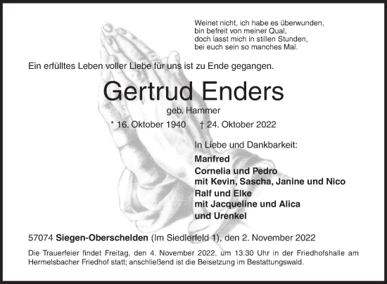 Traueranzeige von Gertrud Enders von Siegener Zeitung
