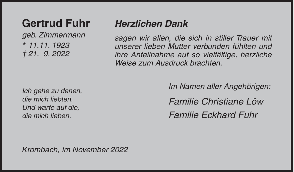  Traueranzeige für Gertrud Fuhr vom 10.11.2022 aus Siegener Zeitung