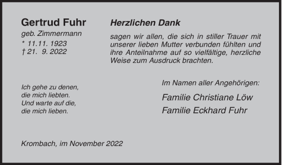 Traueranzeige von Gertrud Fuhr von Siegener Zeitung