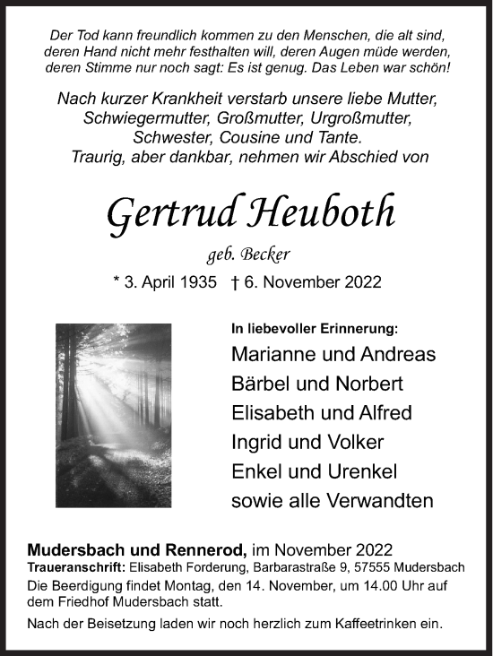 Traueranzeige von Gertrud Heuboth von Siegener Zeitung