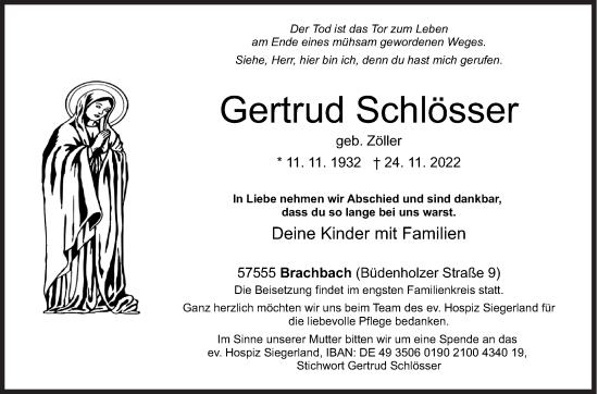 Traueranzeige von Gertrud Schlösser von Siegener Zeitung