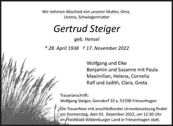 Traueranzeige von Gertrud Steiger von Siegener Zeitung
