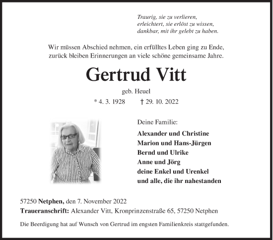 Traueranzeige von Gertrud Vitt von Siegener Zeitung