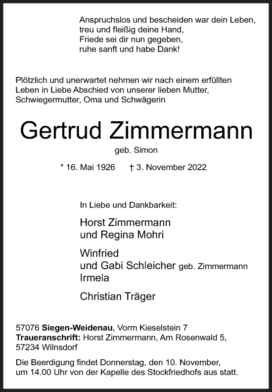 Traueranzeige von Gertrud Zimmermann von Siegener Zeitung