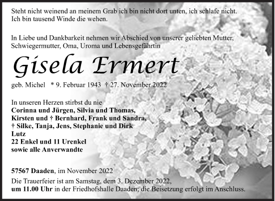 Traueranzeige von Gisela Ermert von Siegener Zeitung