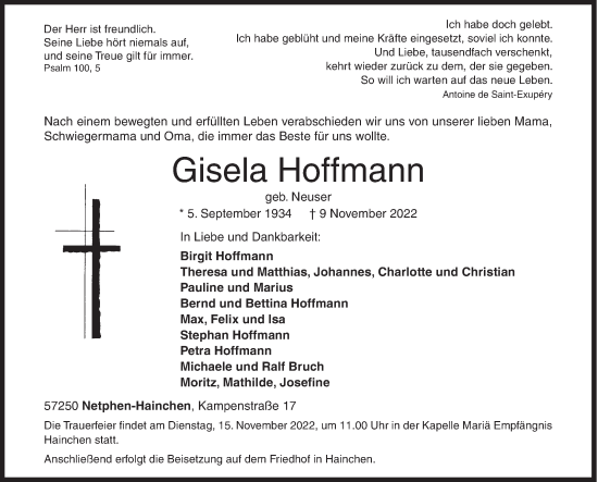 Traueranzeige von Gisela Hoffmann von Siegener Zeitung