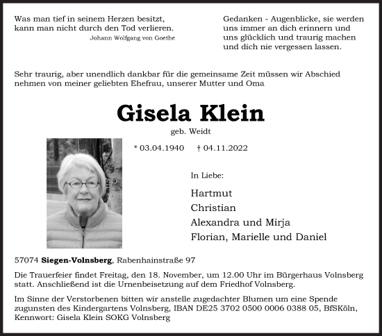 Traueranzeige von Gisela Klein von Siegener Zeitung