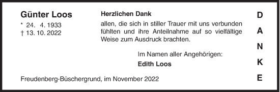 Traueranzeige von Günter Loos von Siegener Zeitung