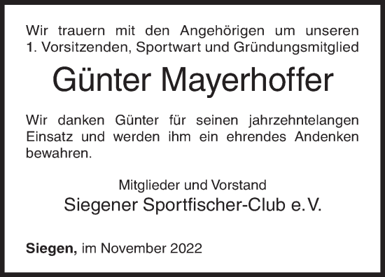 Traueranzeige von Günter Mayerhoffer von Siegener Zeitung