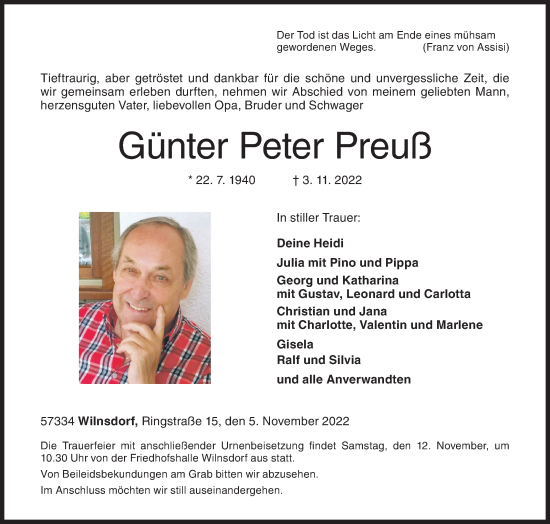 Traueranzeige von Günter Peter Preuß von Siegener Zeitung