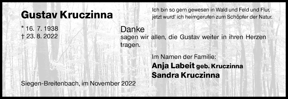  Traueranzeige für Gustav Kruczinna vom 12.11.2022 aus Siegener Zeitung