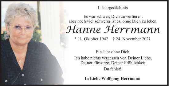 Traueranzeige von Hanne Herrmann von Siegener Zeitung