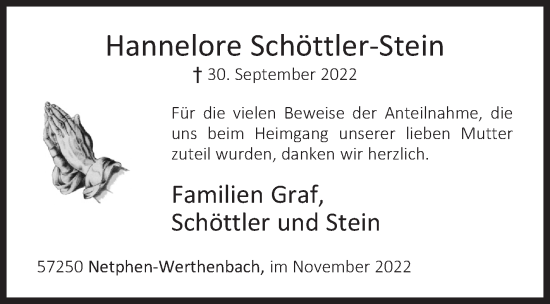 Traueranzeige von Hannelore Schöttler-Stein von Siegener Zeitung