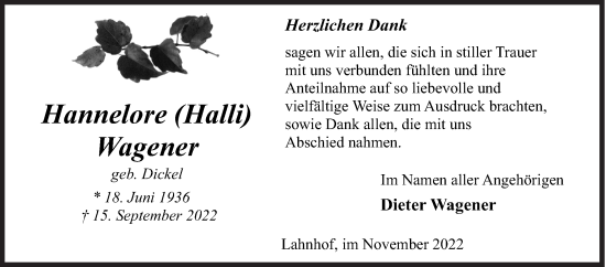 Traueranzeige von Hannelore Wagener von Siegener Zeitung