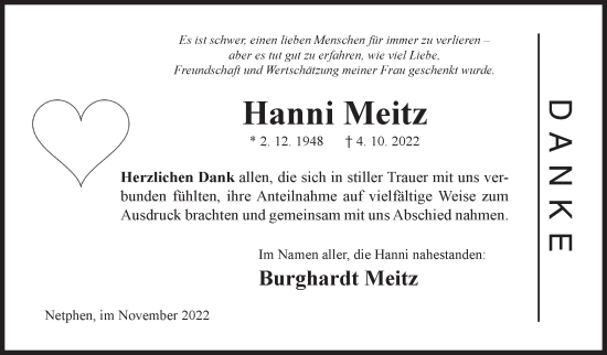 Traueranzeige von Hanni Meitz von Siegener Zeitung
