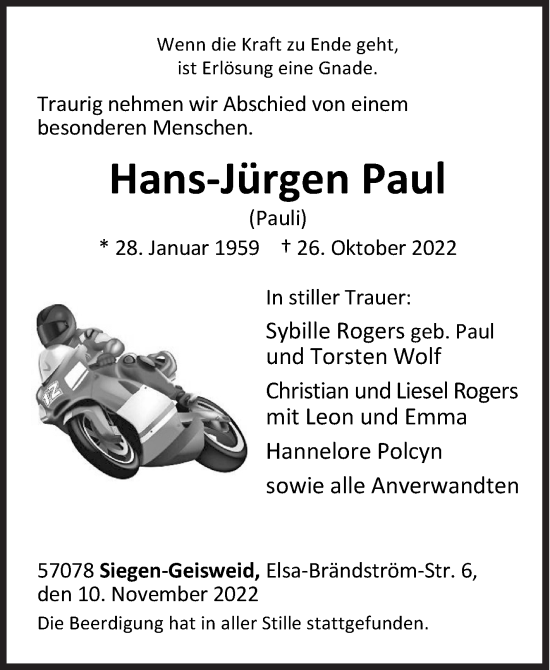 Traueranzeige von Hans-Jürgen Paul von Siegener Zeitung