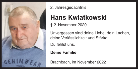 Traueranzeige von Hans Kwiatkowski von Siegener Zeitung