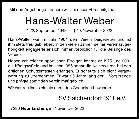 Traueranzeige von Hans-Walter Weber von Siegener Zeitung