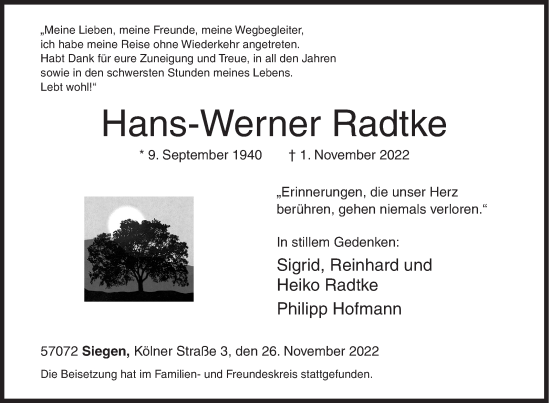 Traueranzeige von Hans-Werner Radtke von Siegener Zeitung