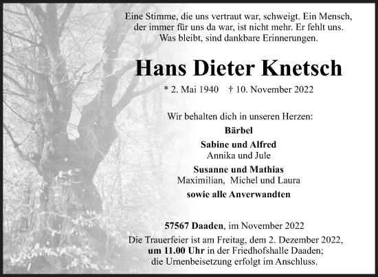 Traueranzeige von Hans Dieter Knetsch von Siegener Zeitung