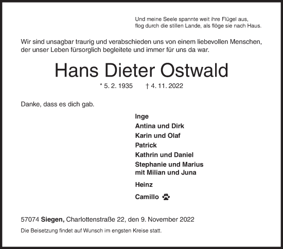 Traueranzeige von Hans Dieter Ostwald von Siegener Zeitung
