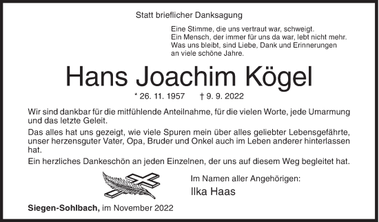 Traueranzeige von Hans Joachim Kögel von Siegener Zeitung