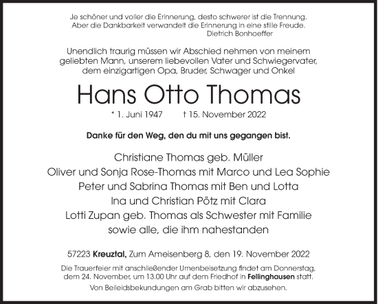 Traueranzeige von Hans Otto Thomas von Siegener Zeitung