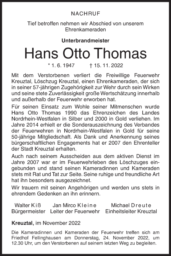 Traueranzeige von Hans Otto Thomas von Siegener Zeitung